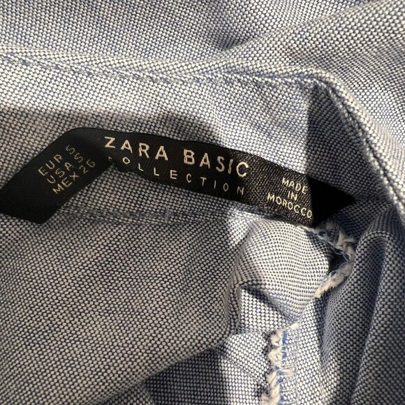 ZARA Basic Womens Shirt Dress Blue Chambray Bell Sleeve Sz S Mini Short Pockets - Picture 3 of 12